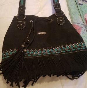 Montana West Black and Teal Fringe Tote
